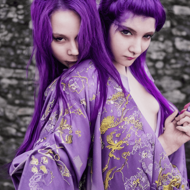 AI generated: full-length photo, photo of a girl with purple hair and eyes in a purple mini kimono, open hips, pur...
