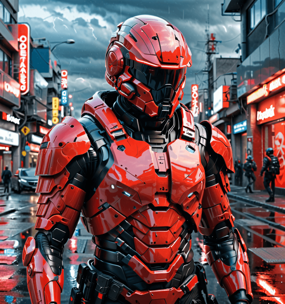 AI generated: hyperrealistic art Futuristic soldier with advanced armor, weaponry, and helmet, neon red, street, o...