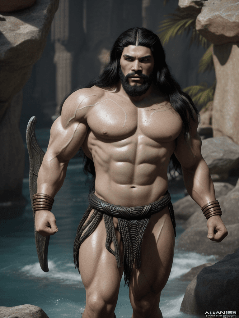 AI generated: A male ancient atlantean Hercules in the flesh, long flowing black hair, huge muscles, muscular, unc...