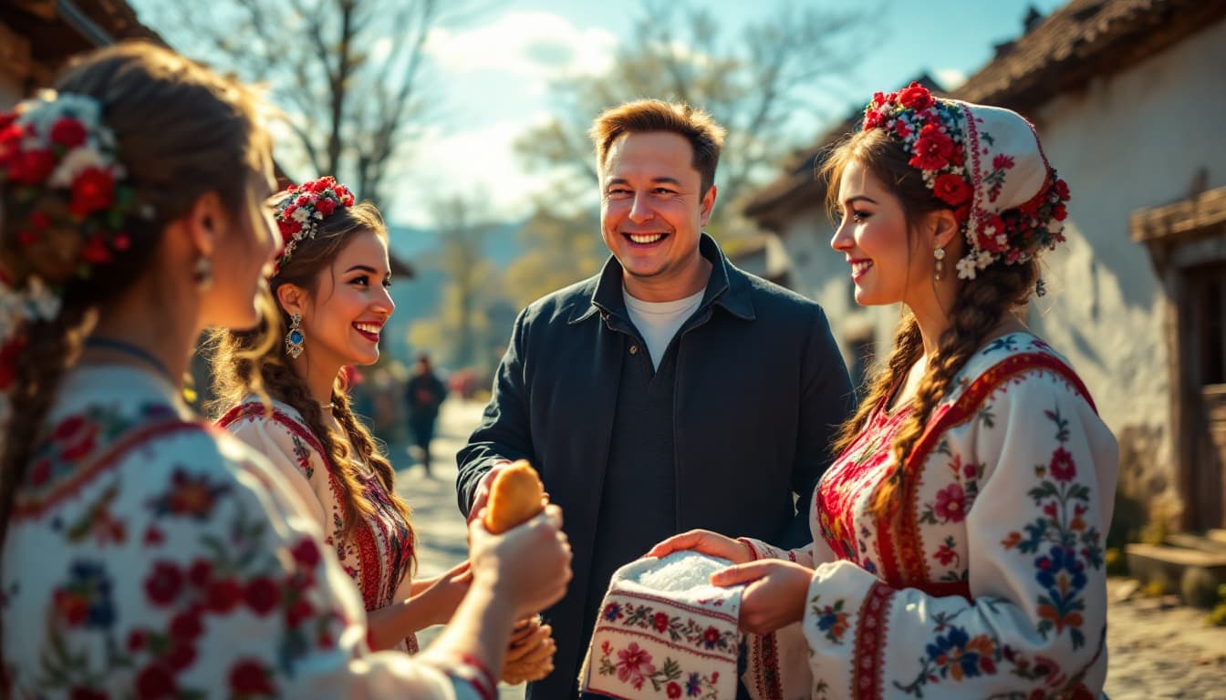 AI generated: Elon Musk arriving in a small Ukrainian town, being welcomed by local women wearing traditional Ukra...