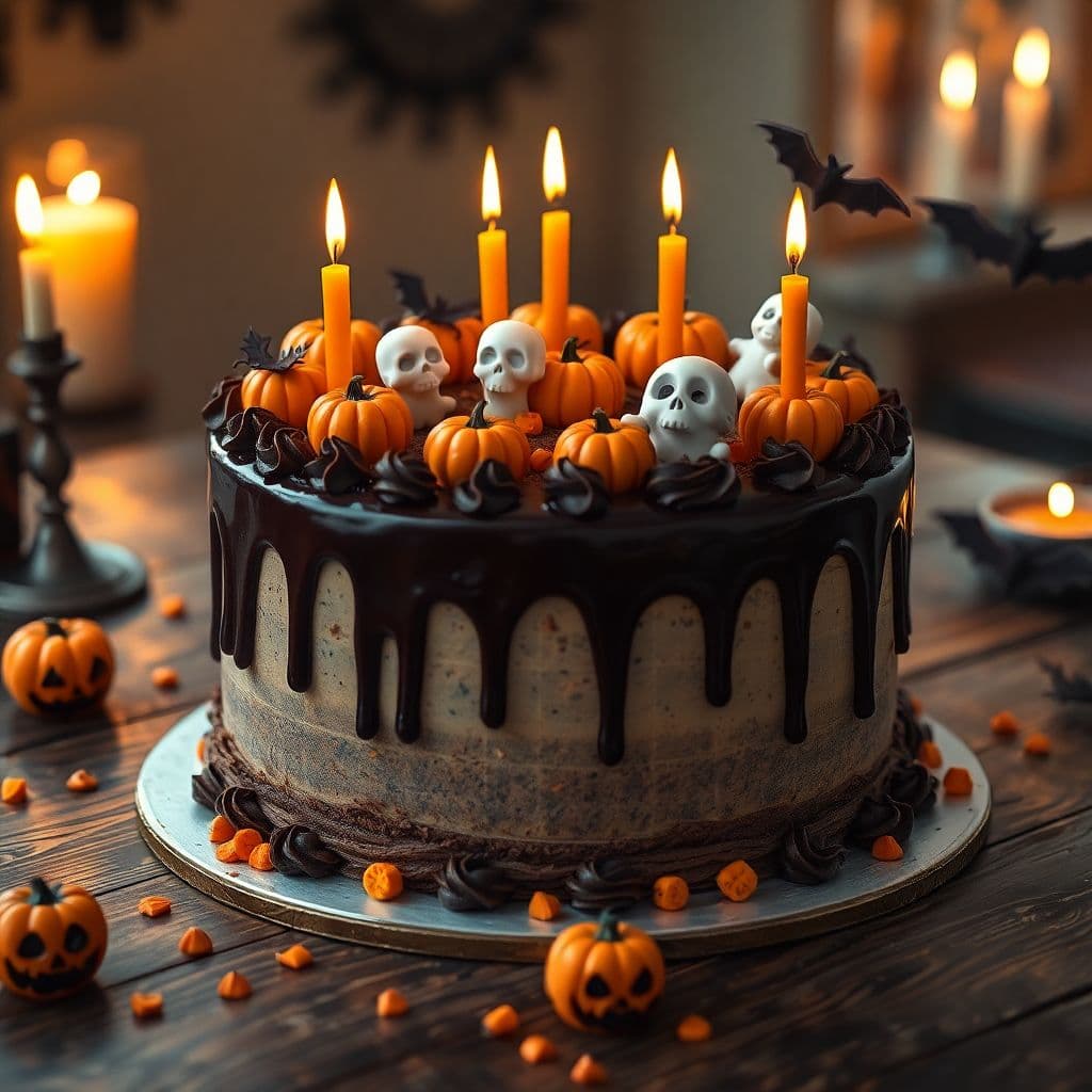 AI generated: A Halloween-themed cake decorated with tiny pumpkins, ghosts, and bats, dripping dark chocolate and ...