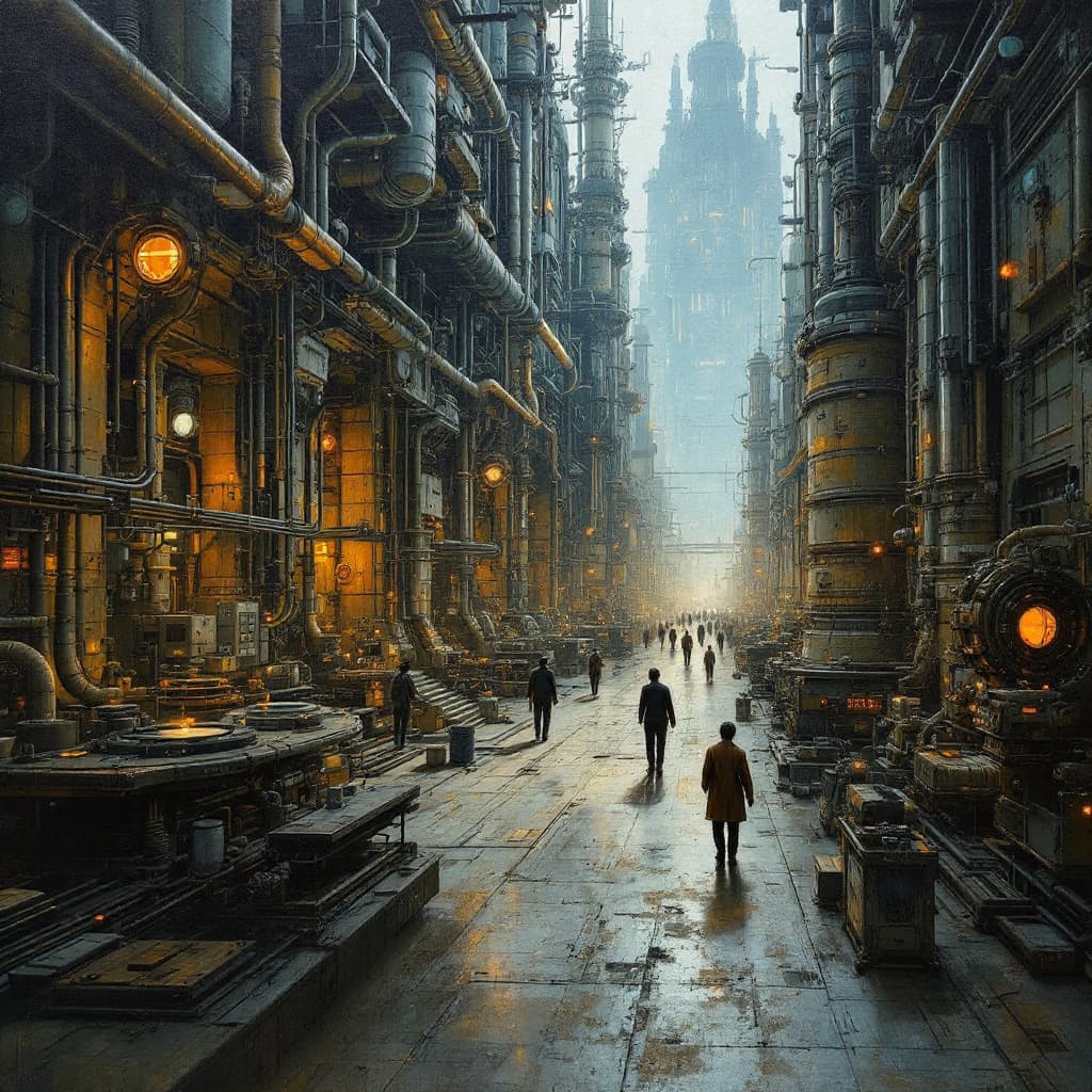 AI generated: detailed oil painting of the inside of an industrial sci-fi city, with many hoses diameter 1'' and m...