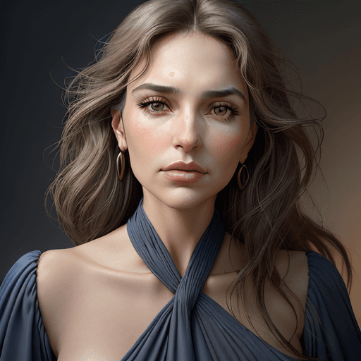 AI generated: the face of a woman with brown eyes the face of a person, in the style of yigal ozeri, light navy an...