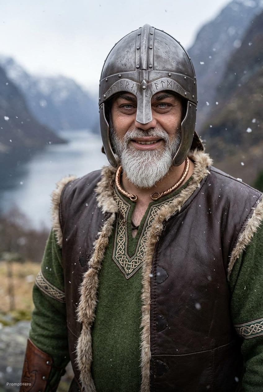 AI generated: {
  "subject_and_concept": {
    "exact_subject": "Close-up portrait of an aging, weathered Viking w...