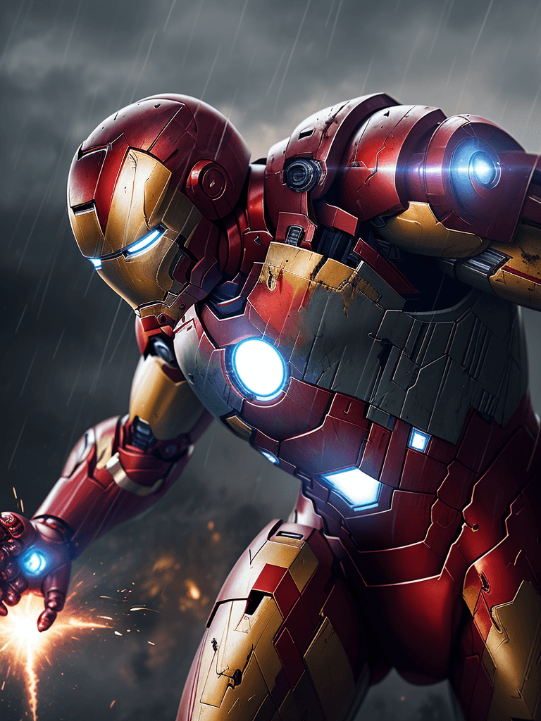 AI generated: close up of a (very damaged:1.1) brutal iron man in helmet, dynamic action pose, epic composition, a...