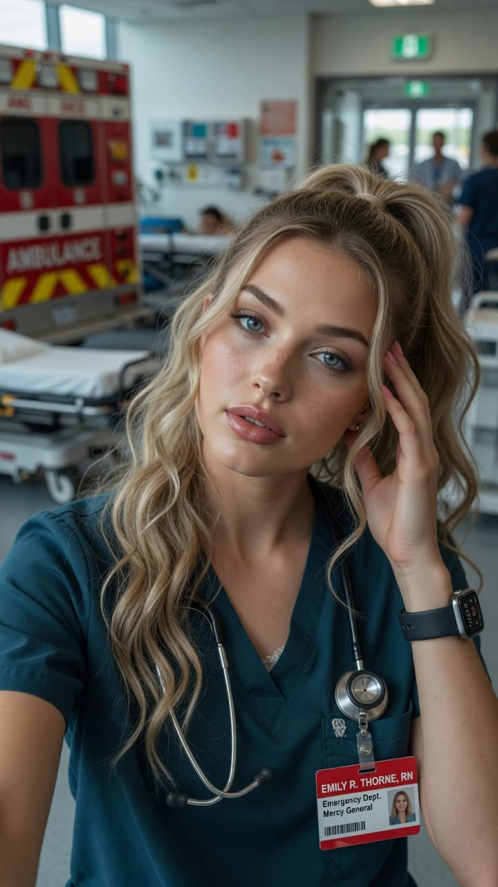 AI generated: A stunning ultra-realistic photograph of a beautiful young female doctor or nurse, early 20s, with s...