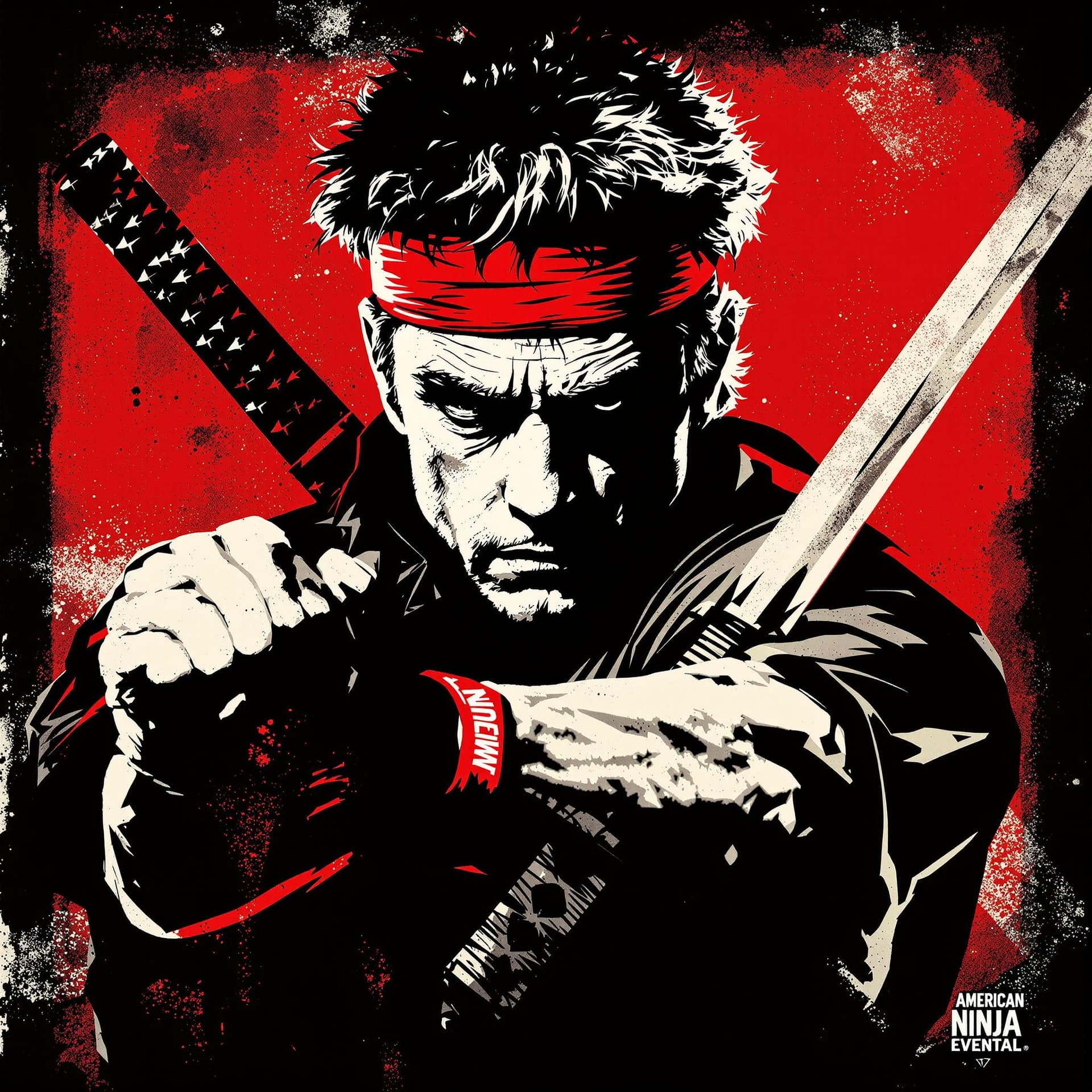 AI generated: Create a stylized, iconic portrait of Michael Dudikoff as seen in American Ninja. The image should e...