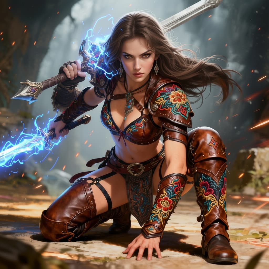 AI generated: full body well lit portrait of a sexy female mage in intricately embroidered leather bikini armor, i...