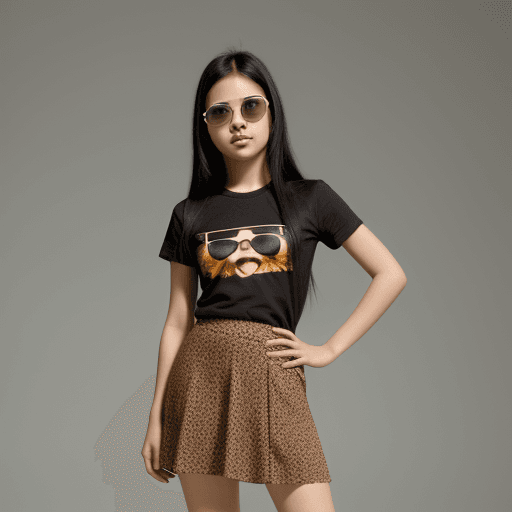 AI generated: a young girl, black hair, brown eyes, wearing t-shirt and skirt and sun glasses
