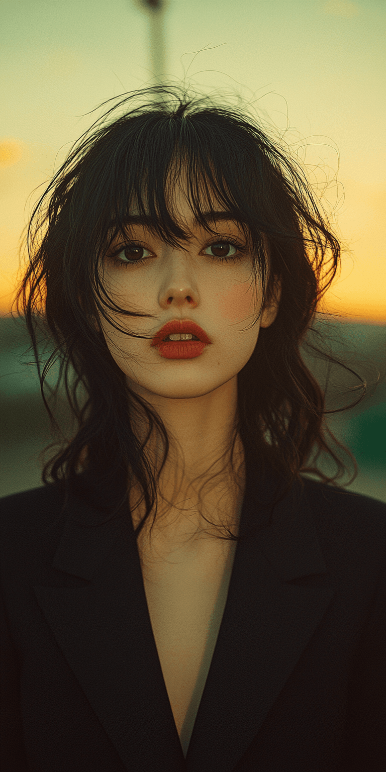 AI generated: A photograph of an Asian woman against the backdrop of a blurred city street at sunset, in the style...