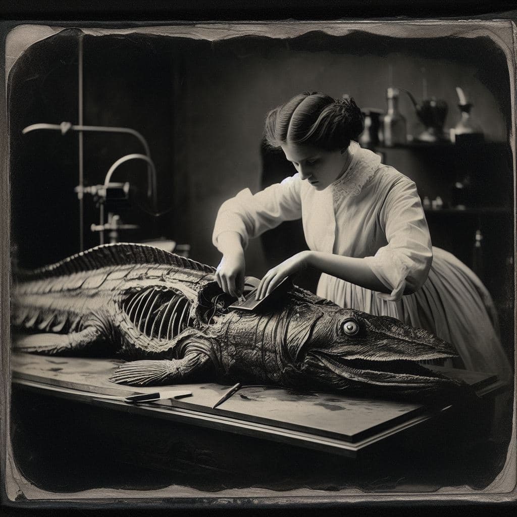 AI generated: detailed and intricate square daguerreotype photograph of a scientist dissecting a dead sea monster ...