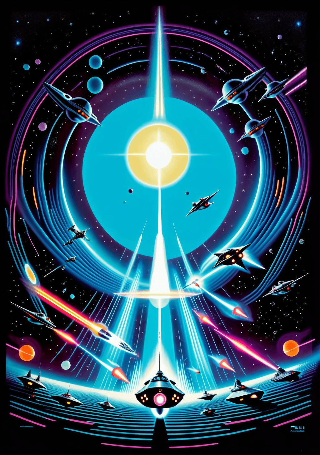 AI generated: 1950s retro sci-fi art, a dark sci-fi fantasy scene, space battle between 2 starships encircled in n...