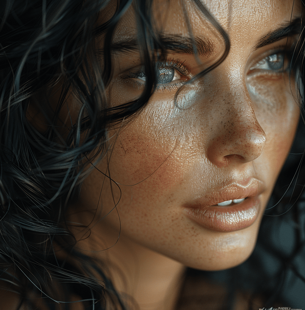 AI generated: a model with curly black hair, in the style of daz3d, close-up, hazy, wavy, brown, tondo, ferrania p...