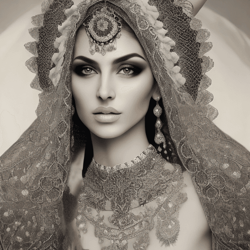 AI generated: a centered Persia fashion model, white, black, intricate background, award-winning photo, hyper-real...
