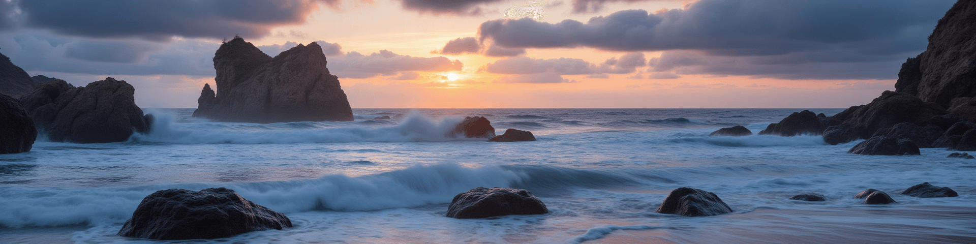 AI generated: a scene at the ocean, wild waves, sunset, cloudy, misty, wild rocks