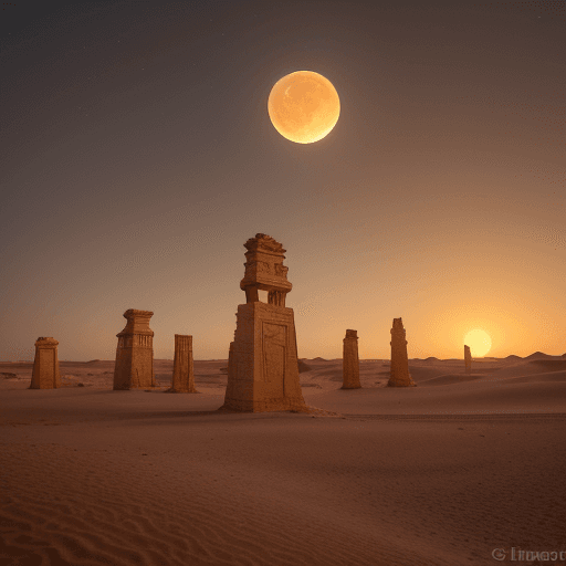 AI generated: "An otherworldly desert landscape under a twilight sky, where towering dunes of shimmering golden sa...