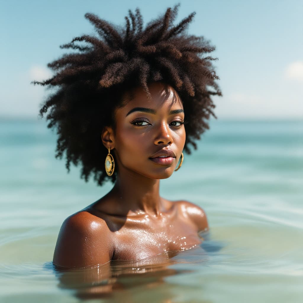 AI generated: a afro american woman with an afro is standing in the water, in the style of light beige and red, hu...