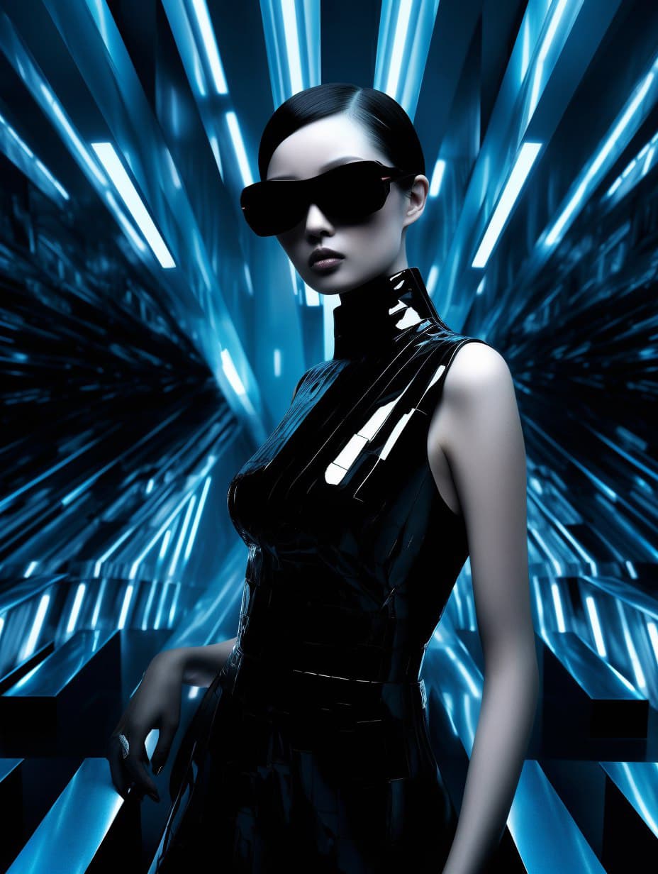 AI generated: a woman in a black dress posing for a picture, by Tadashi Nakayama, metallic cyan dress, dior campai...