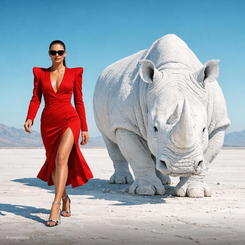 AI generated: {
  "scene": {
    "type": "editorial fashion surrealism",
    "location": "barren white desert w...