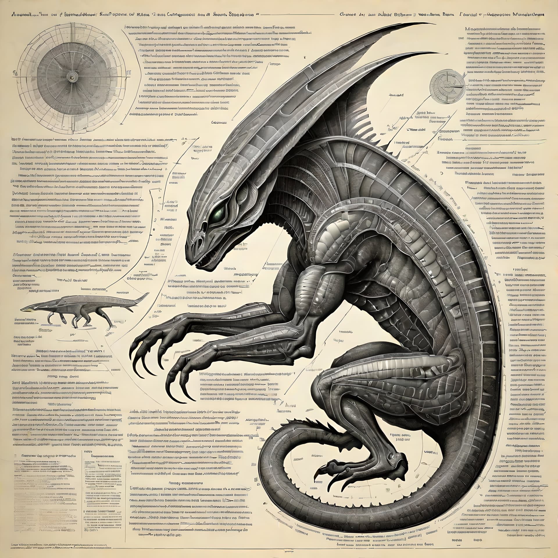 AI generated: an alien reptile, diagram, research notes, on paper, sci fi, science fiction, 12k, masterpiece, intr...