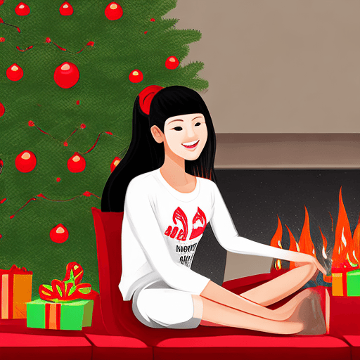 AI generated: create image girl sitting on chair, background is fireplace with burning firewood, the girl wearing ...