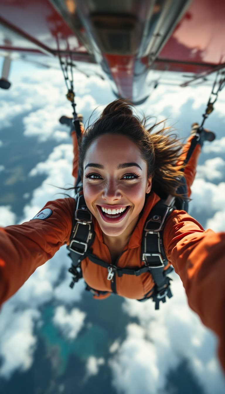 AI generated: 
Go back
female parachutist, jumping from plane, smile, selfie, motion, full body visible, detailed ...