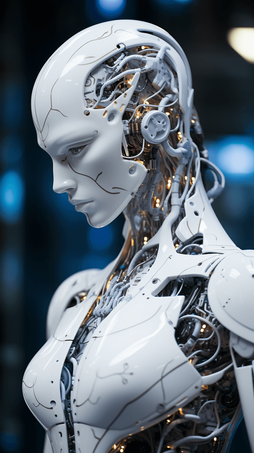 AI generated: humanoid robot, powered by AI, will have a semi-transparent, morphing material body, showcasing holo...