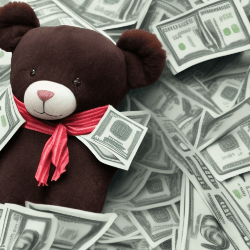AI generated: A plush teddy bear with a black ski mask holding sacks of cash with dollar bills flying over the pla...