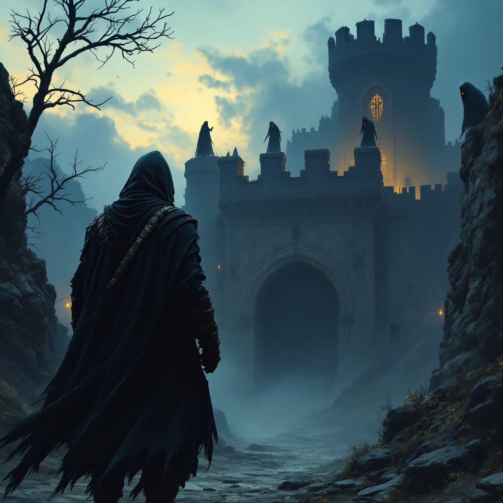 AI generated: A hooded warrior approaching a fortress in dusk. The fortress has a gate that is overseen by two wra...