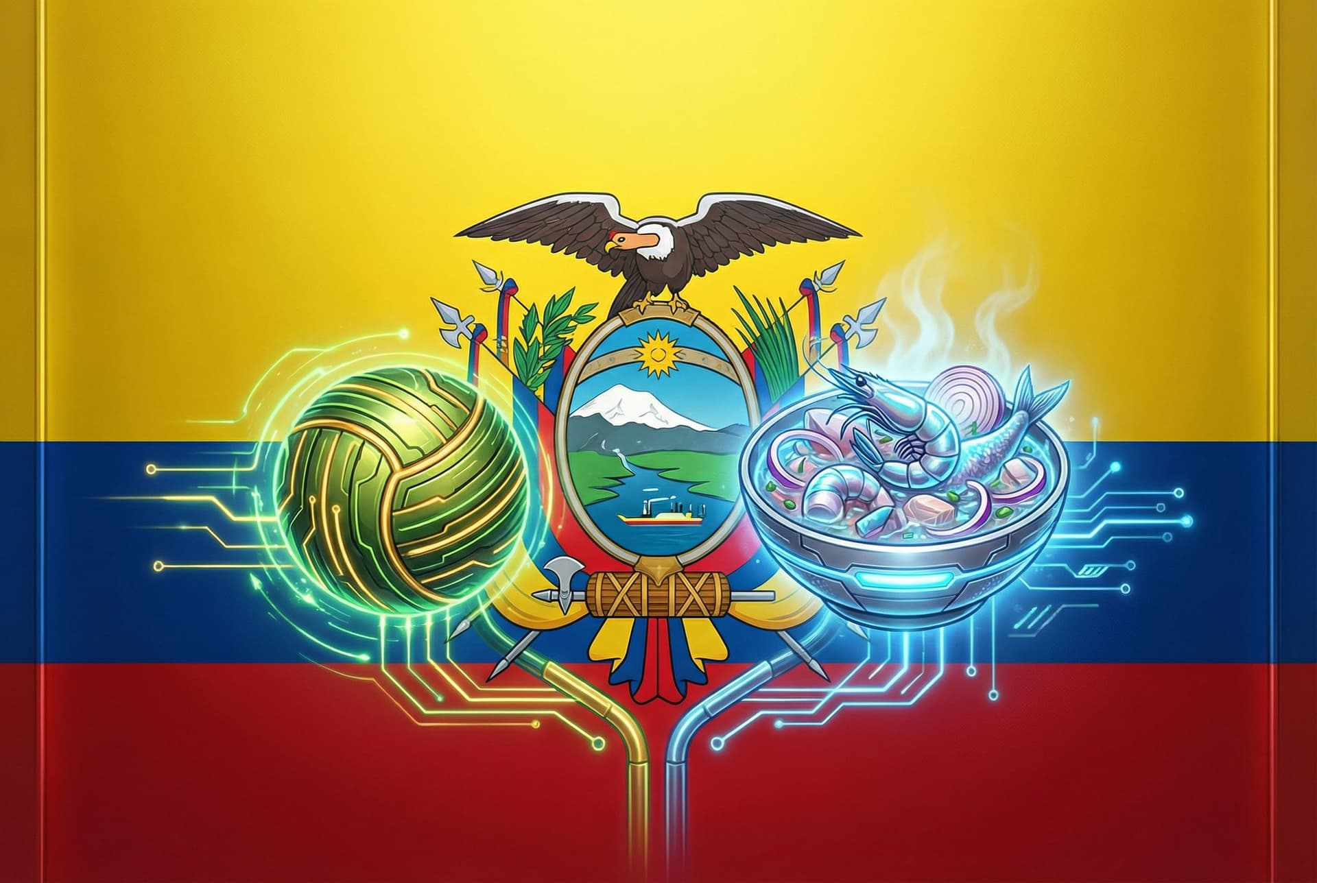 AI generated: create a futuristic new flag of ecuador, taking into account their love for bolon de verde and cevic...