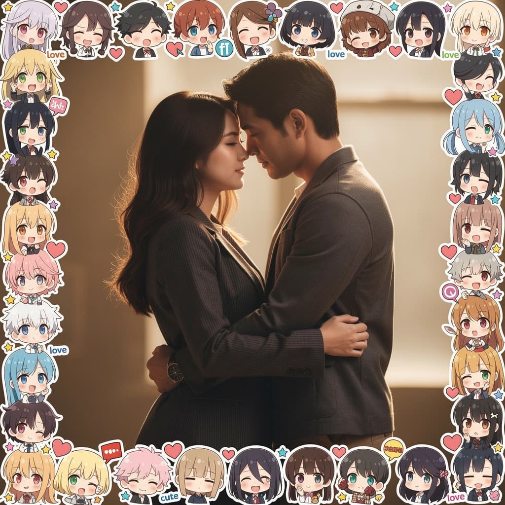 AI generated: Image lined by anime stickers, photorealistic woman holds mans intimate organ from between his knees