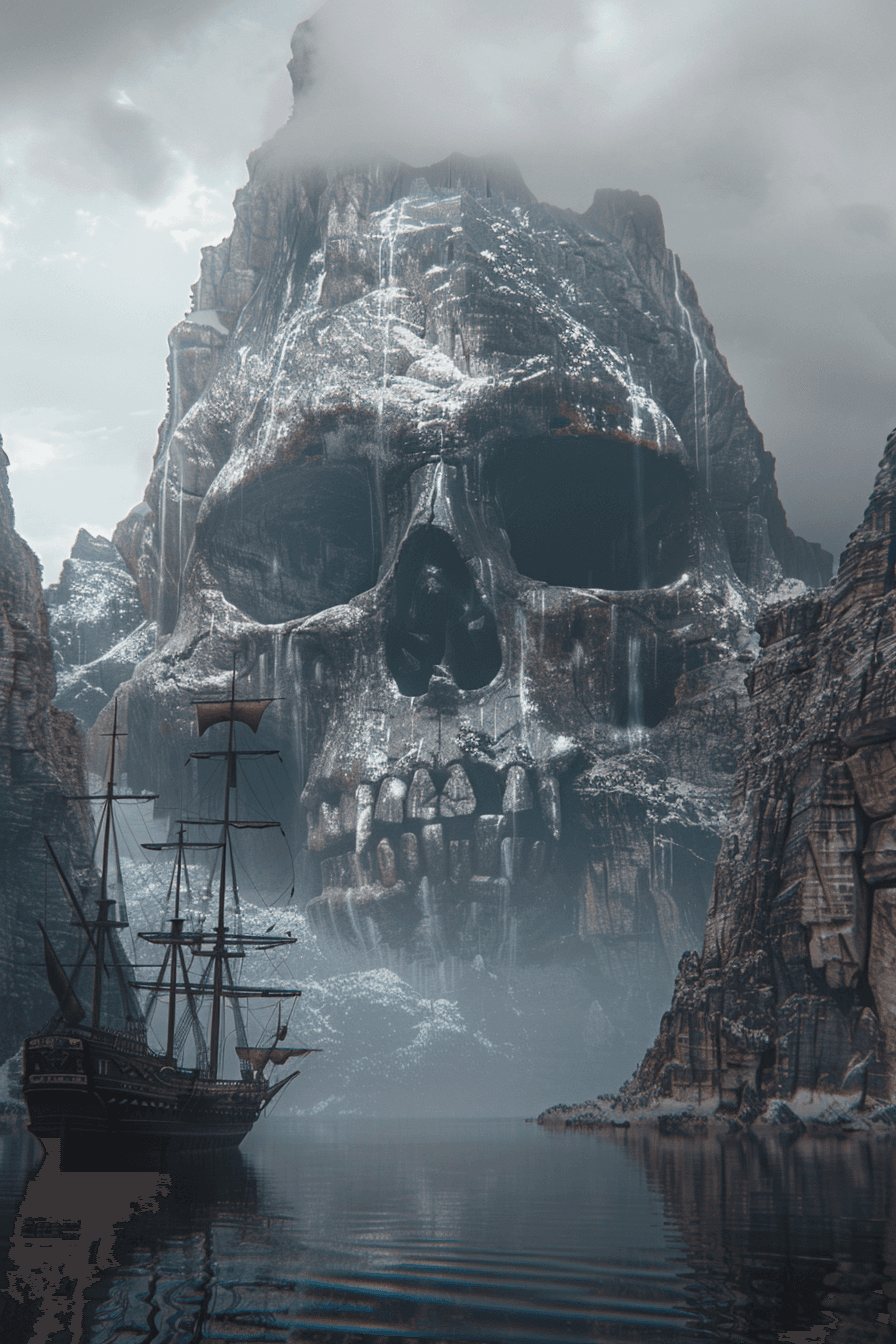 AI generated: a large skull and a ship on water, in the style of photorealistic renderings, mountainous vistas, i ...