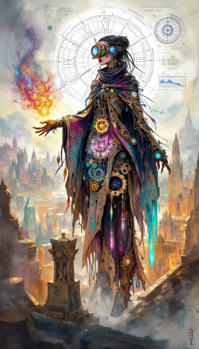 AI generated: Conceptual design: Cybernetic Timekeeper from the Chronos Guild. This intricate graffiti-punk digita...