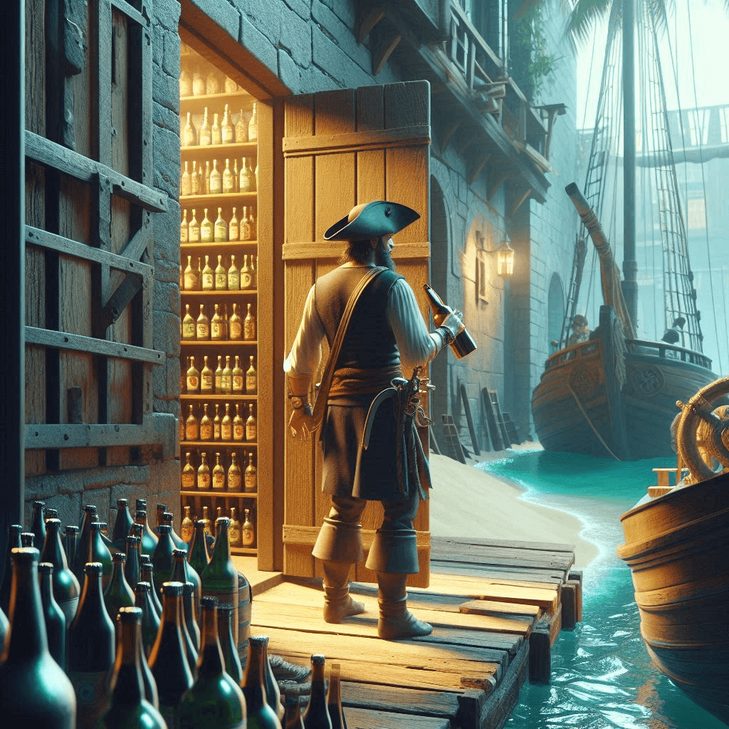 AI generated: Cinematic 3D close up animation of a pirate standing on a dock next to a boat and drinking a bottle ...