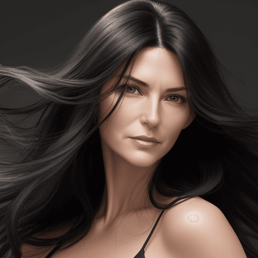 AI generated: A high-resolution photo of a female mid age model with long, flowing black hair, showcasing hairs' s...