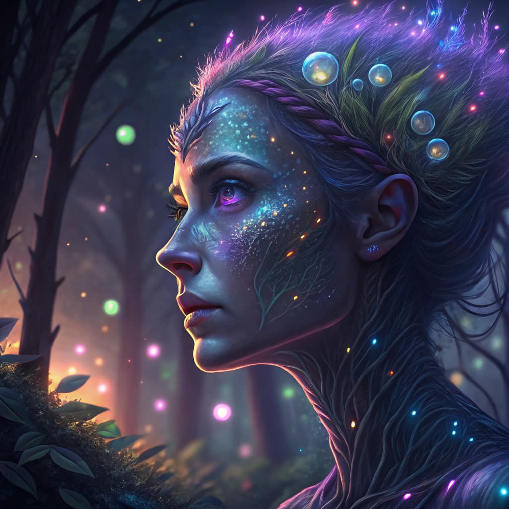 AI generated: Surreal 4k painting of a beautiful alien princess with expressive lilac eyes and cosmic features. He...