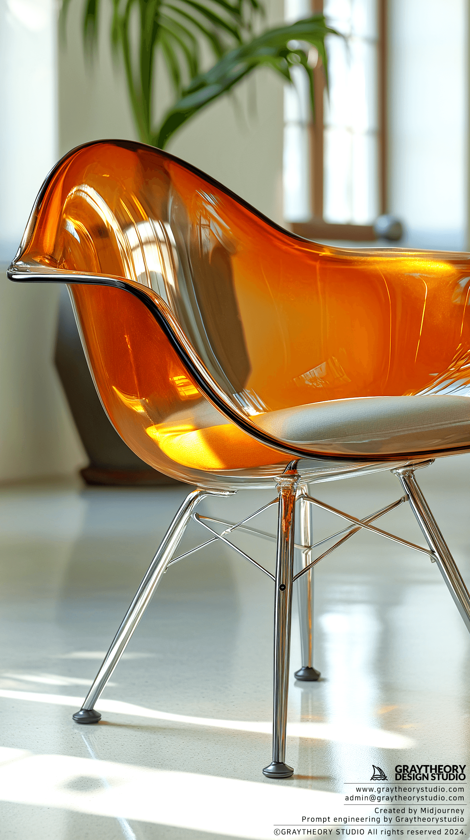 AI generated: modernism chair, studio setting, 90mm lens, steel and color glass texture, some plants and onjet