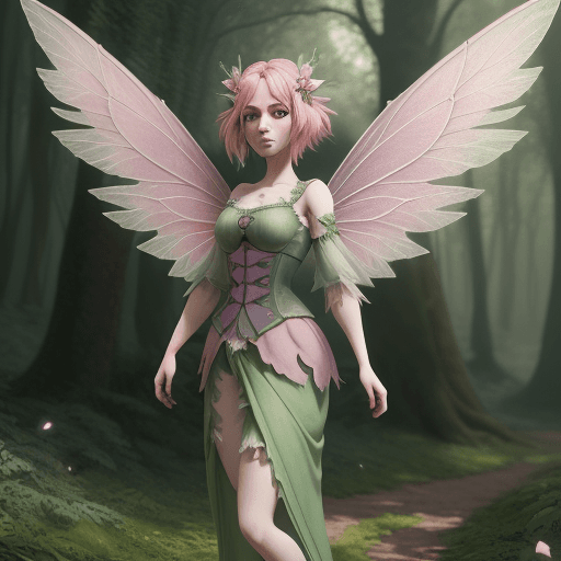 AI generated: illustration of a green short fairy, pink hair, whit two beautiful wings, medieval clotes, forest ba...