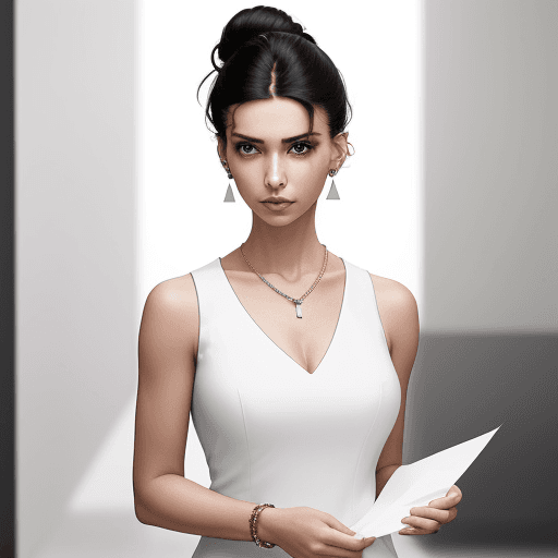 AI generated: A woman stands confidently indoors with her hair in a sleek updo, wearing a fitted sleeveless white ...