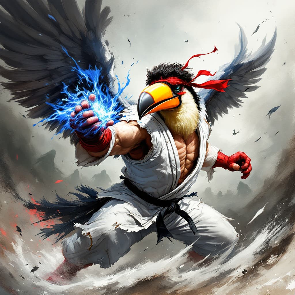 AI generated: 
A dramatic, stylized painting of a toucan dressed as Ryu from Street Fighter IV, facing the camera ...