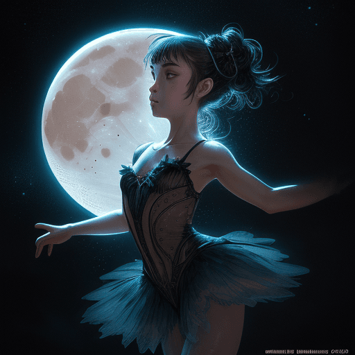 AI generated: intricate cute ballerina facing the moon on bioluminescent black glowing ballroom, explosion of star...