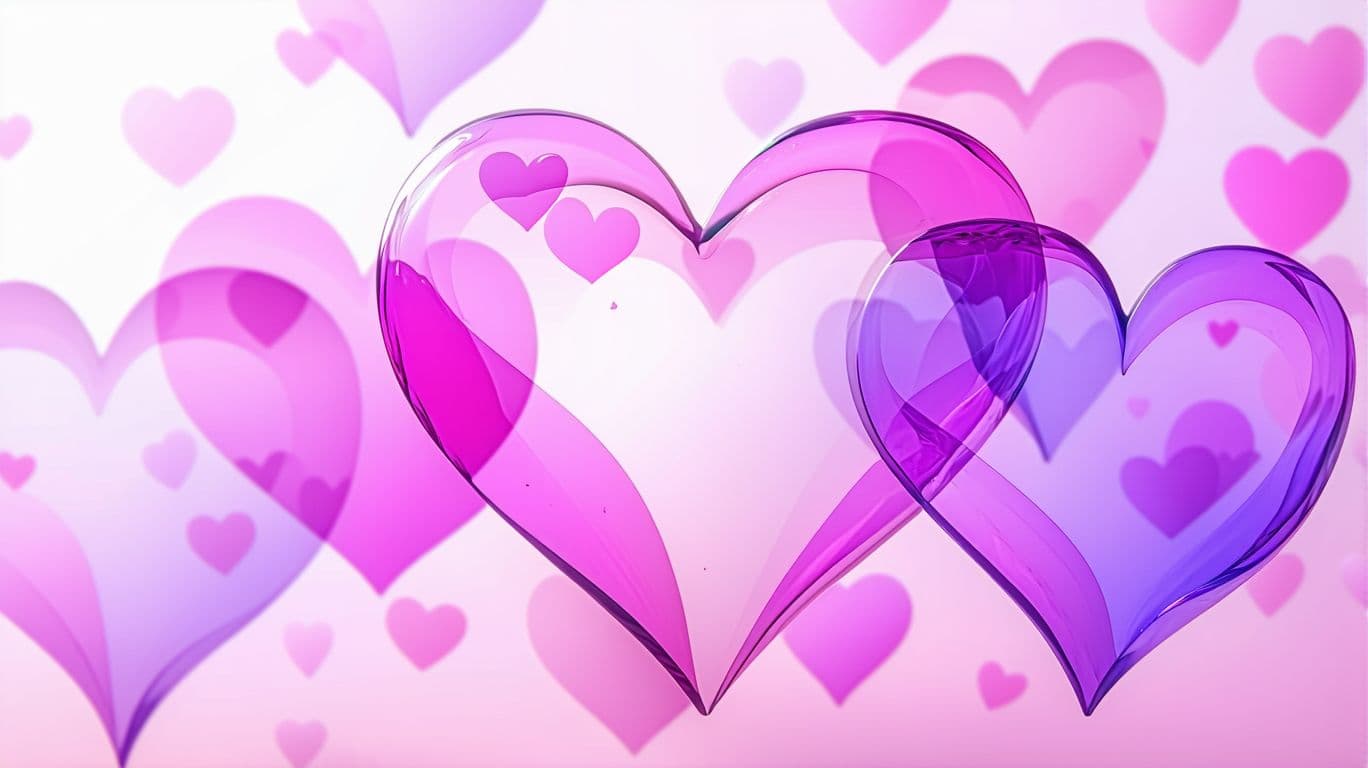 AI generated: Valentine's Day greeting card, overlapping translucent hearts, pink and purple color palette, soft g...