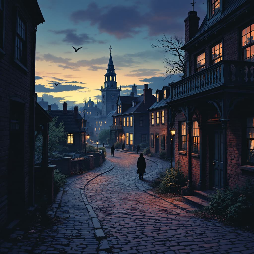 AI generated: Create an atmospheric and engaging full-width establishing shot of the town of Salem at twilight for...