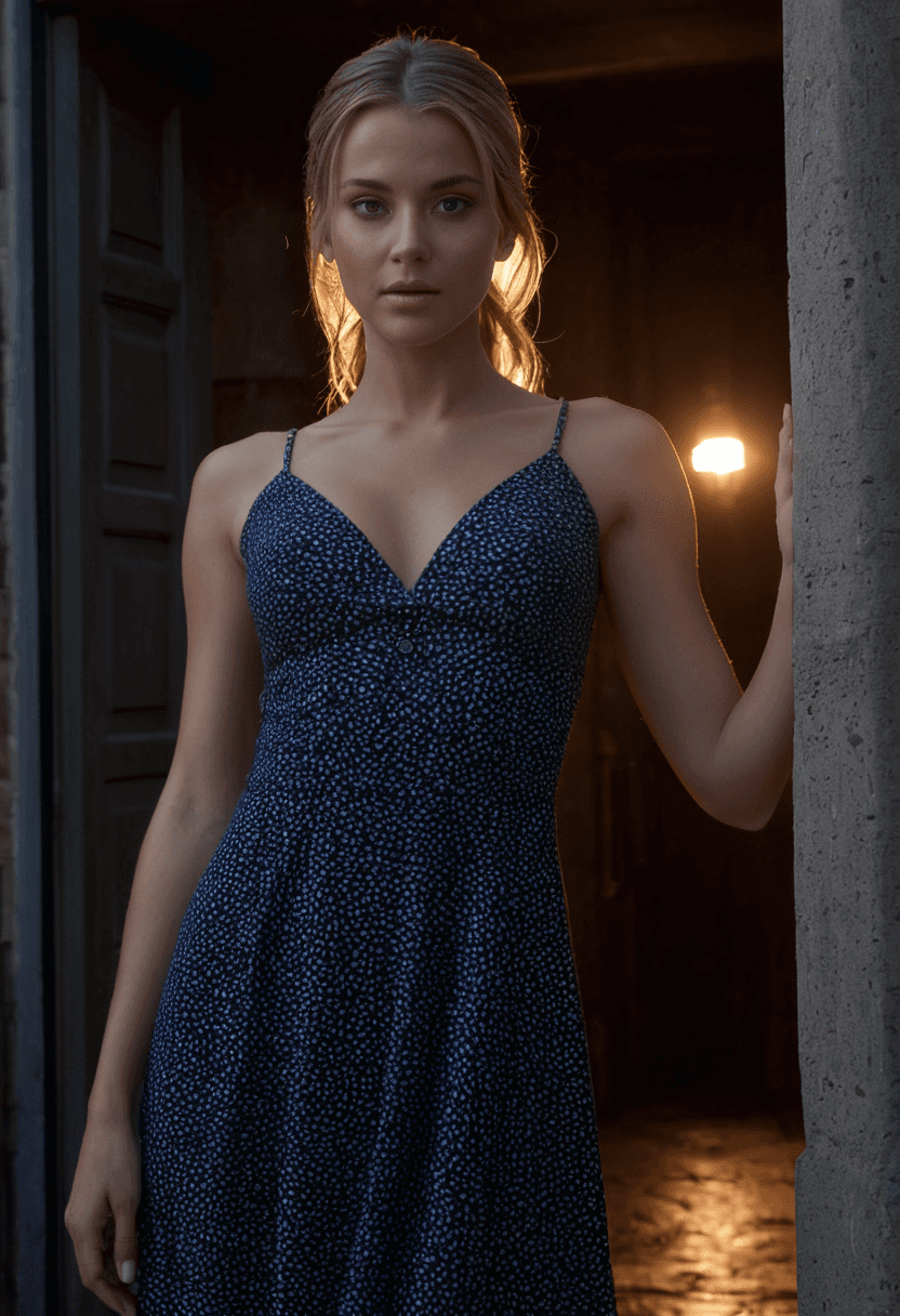 AI generated: professional 3d model wearing a dress,standing in doorway,perfect face,beautiful face,lots of fine d...