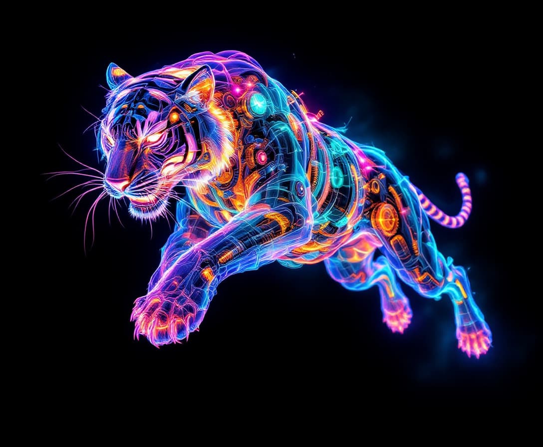 AI generated: Image is a digital artwork featuring a  "Steampunk Spectralis Hippie Tiger Mechina", leaping towards...