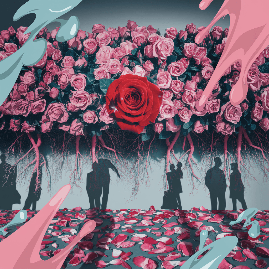 AI generated: A red rose shines in front of an immense rose bush that creates a surreal wall of more roses, which ...
