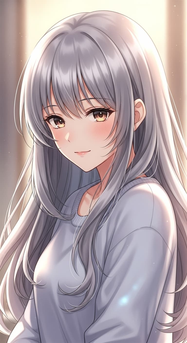 AI generated: cute semi-realistic anime girl with long silver hair, warm gentle eyes, soft pastel color palette, c...