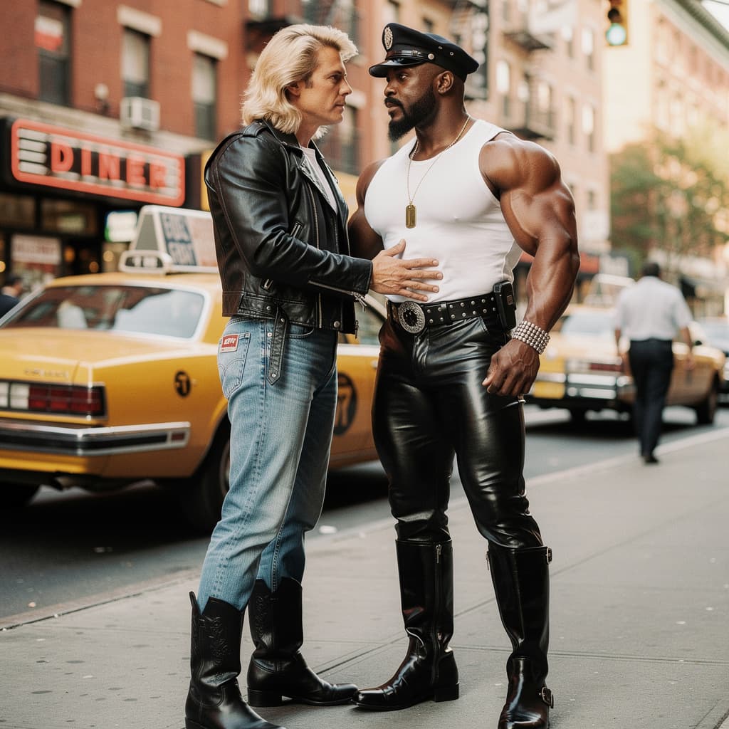 AI generated: "Hyper-réaliste photographie style années 1980, deux hommes musclés et charismatiques debout côte à ...