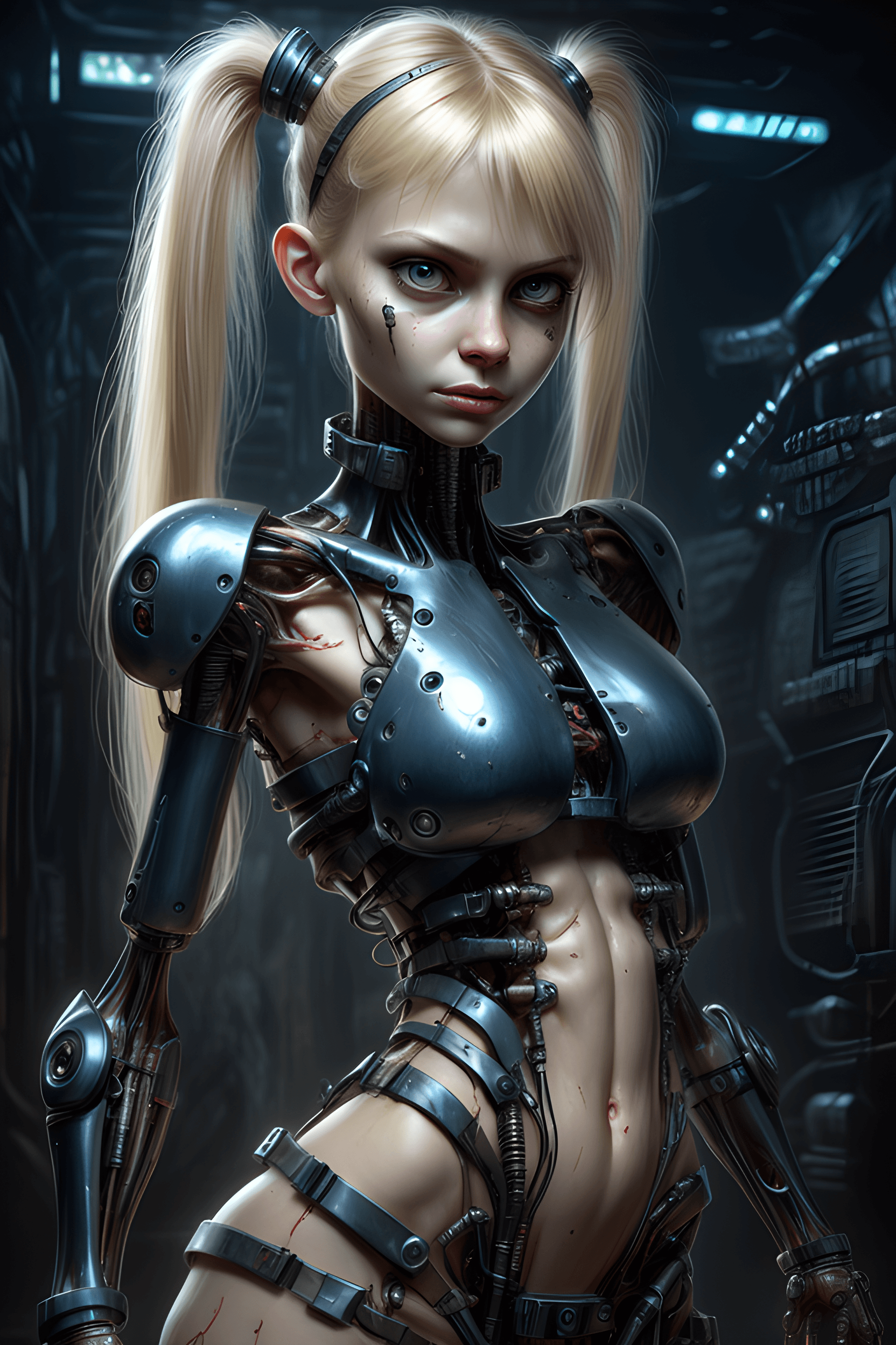 AI generated: a cute blonde russian girl, slender and small face, very glossy skin, slight smile, bangs, twintail,...