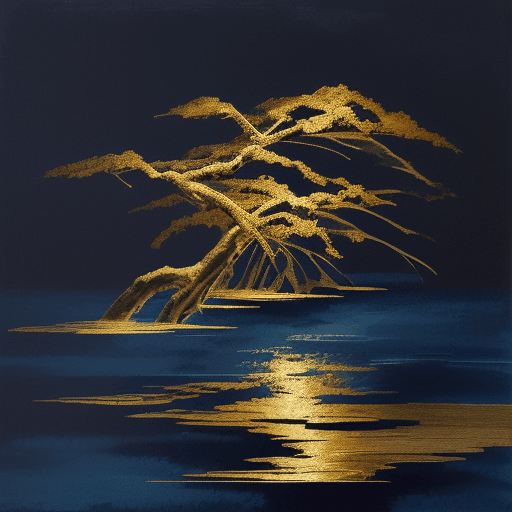 AI generated: Impasto technique coloring image of japanese water landscape in midnight blue and gold